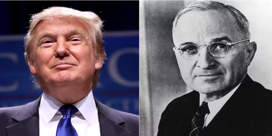Donald Trump, à esquerda, e Harry Truman: dois ex-presidentes que tinham ideias diferentes sobre nacionalismo e patriotismo. The Conversation, com imagens do Wikimedia Commons , CC BY-NC
